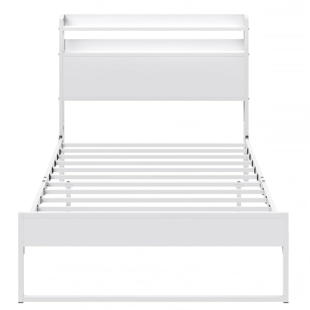 White Metal Twin Bed Frame with 2-Tier Storage Headboard A275900