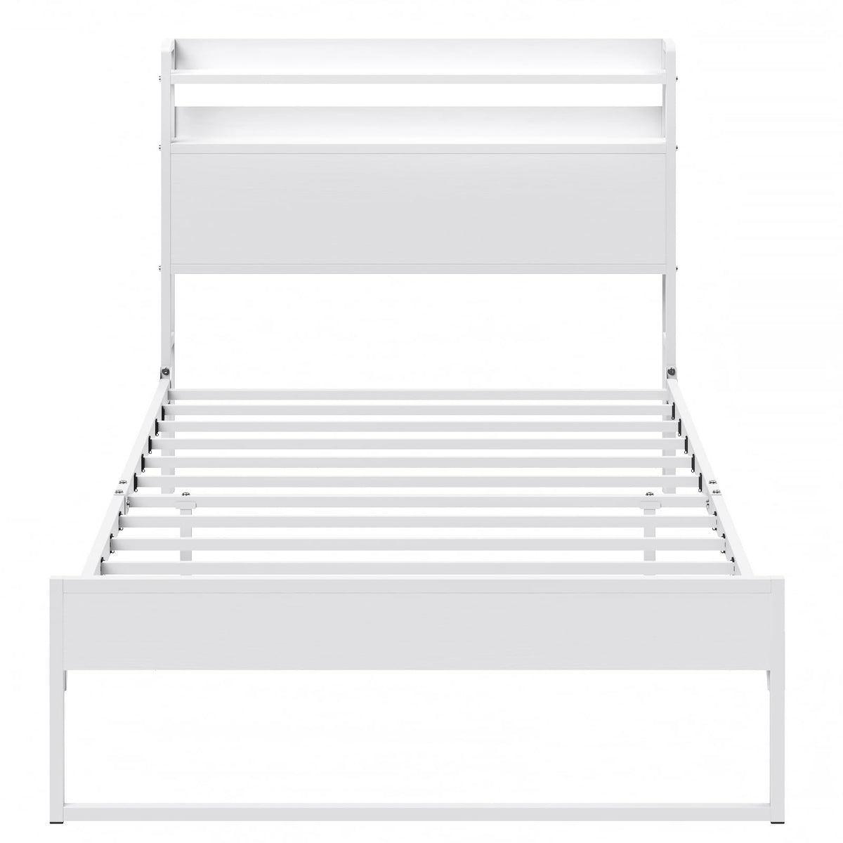 White Metal Twin Bed Frame with 2-Tier Storage Headboard A275900