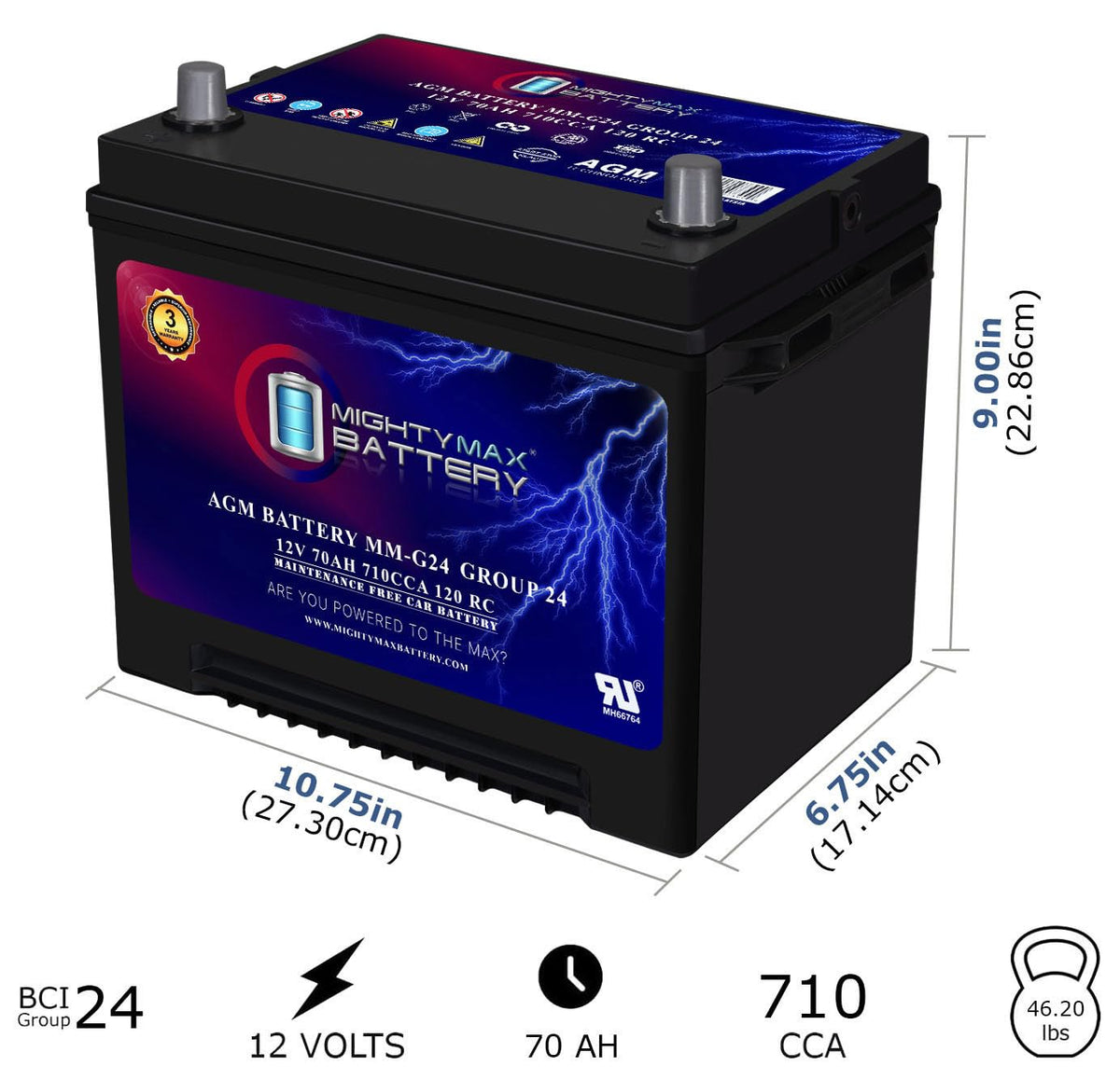 12V 70Ah 710 CCA Group Size 24 Replacement Battery D995545