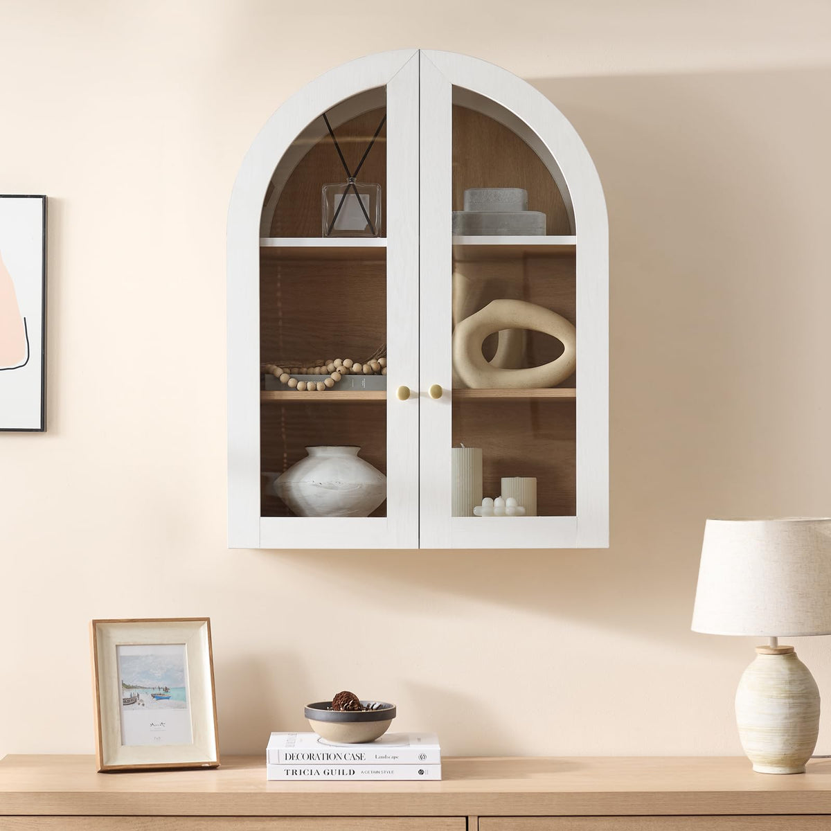 White Arched Wall Mount Bathroom Cabinet with Glass Doors P338