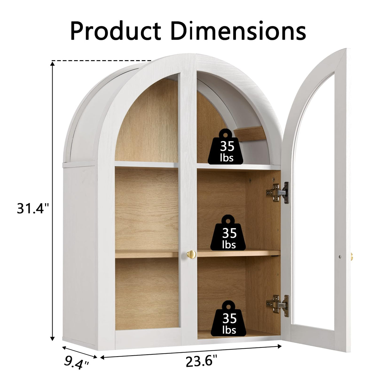 White Arched Wall Mount Bathroom Cabinet with Glass Doors P338