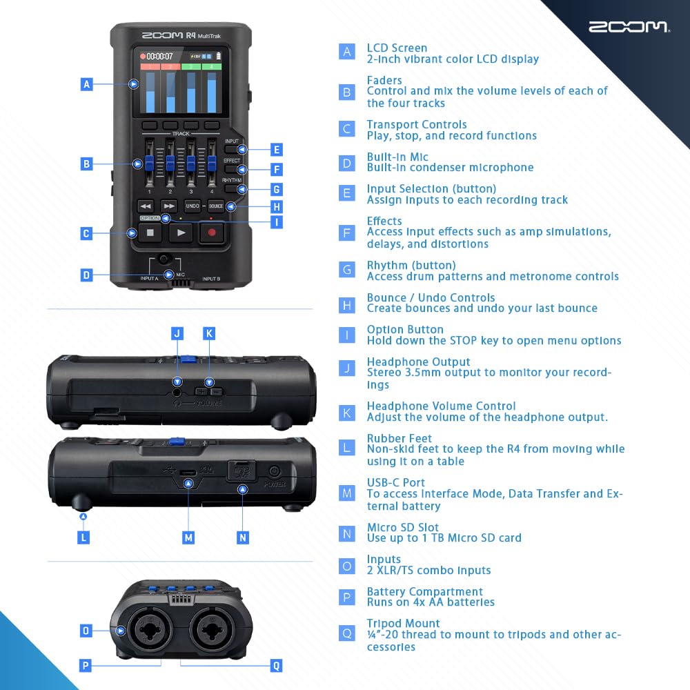 32-Bit Float 4-Track Recorder with Dual XLR/TS Inputs and Built-In Mic A58864