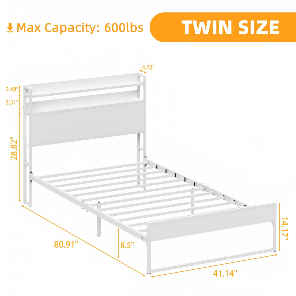 White Metal Twin Bed Frame with 2-Tier Storage Headboard A275900