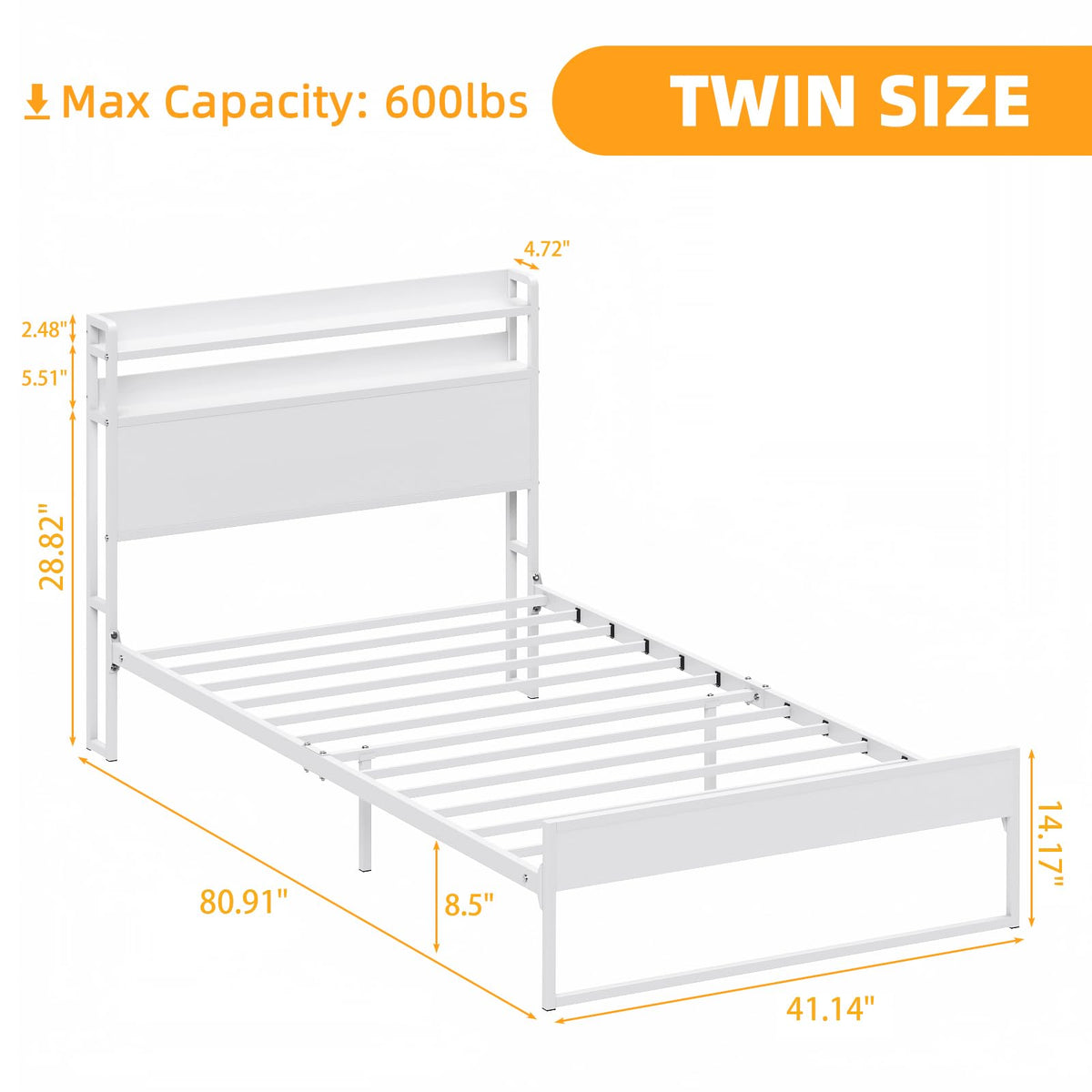 White Metal Twin Bed Frame with 2-Tier Storage Headboard A275900