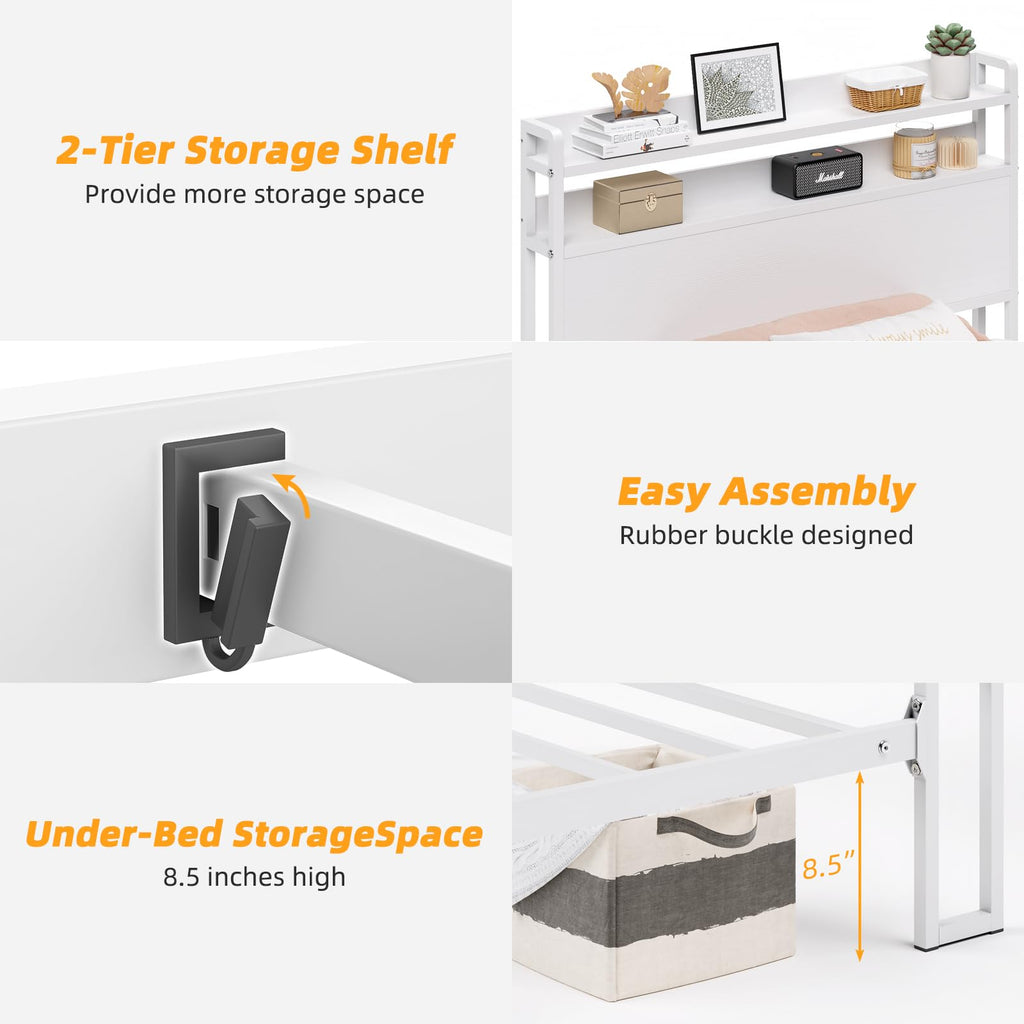 White Metal Twin Bed Frame with 2-Tier Storage Headboard A275900