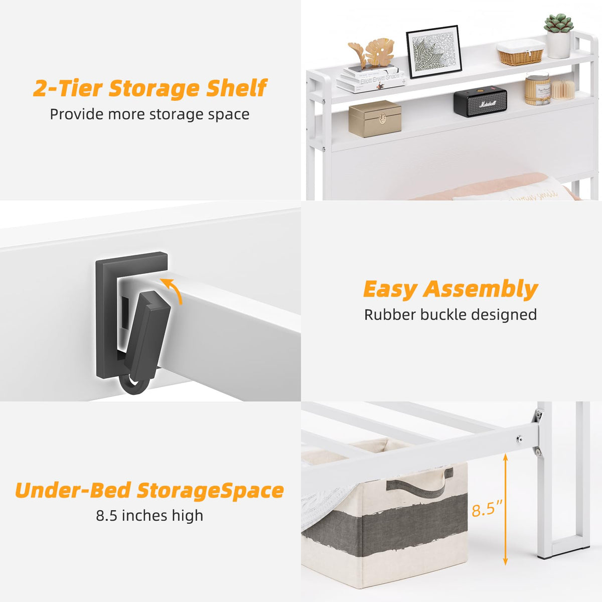White Metal Twin Bed Frame with 2-Tier Storage Headboard A275900