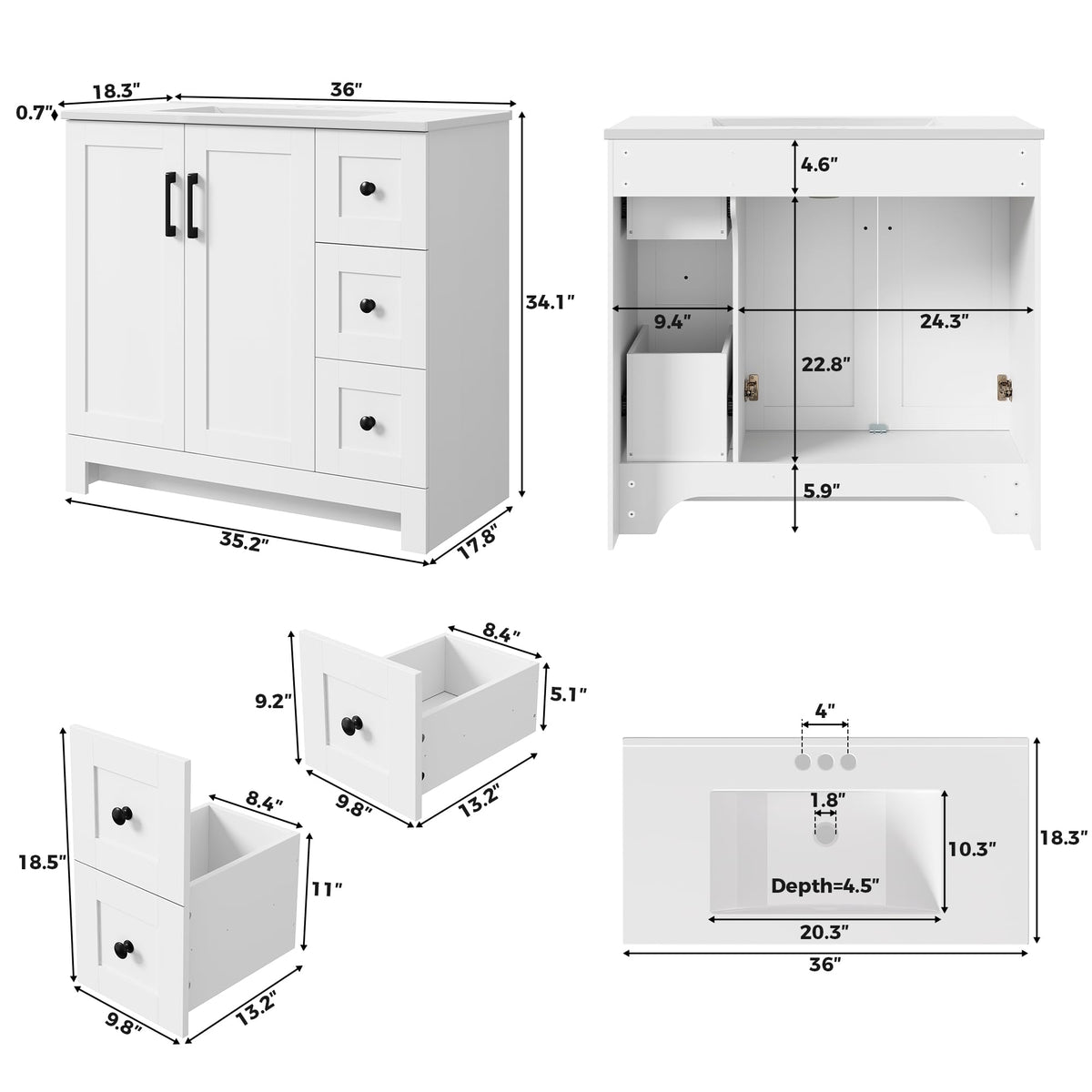 36" White Bathroom Vanity with Sink, 2 Soft-Close Drawers & Doors W307