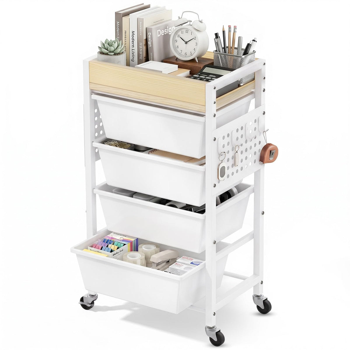 5 Tier Rolling Cart with Drawers, White I617
