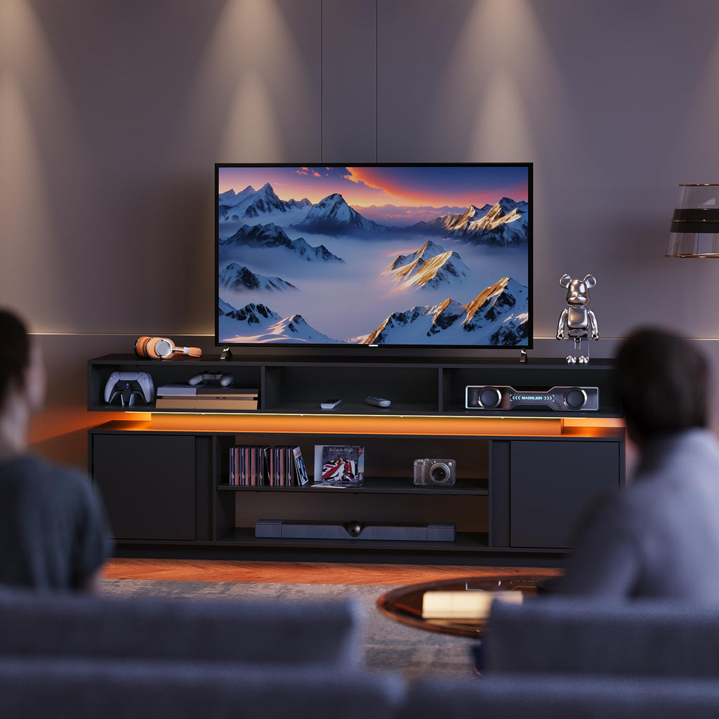 Black 2 Tier TV Stand with RGB LED Lights and Storage Cabinets E7791