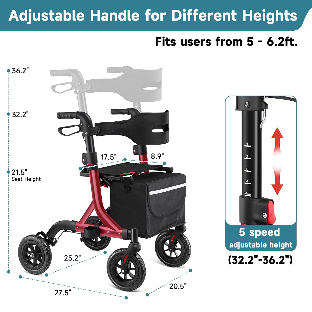 Red Foldable Rollator Walker with Seat, 8" Rubber Wheels and Backrest L571207
