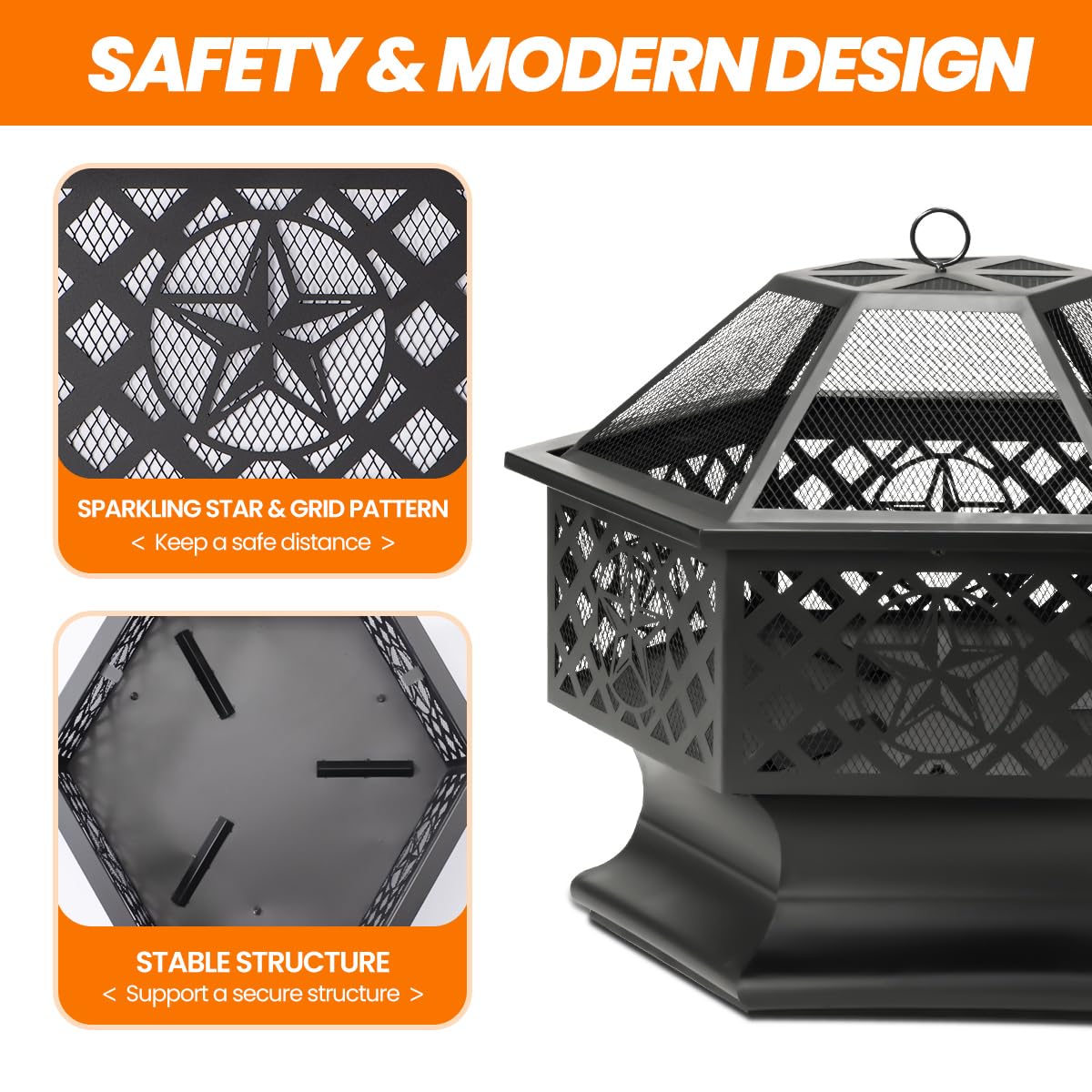 28 Inch Hexagonal Fire Pit with Spark Screen & Fire Poker Black X586