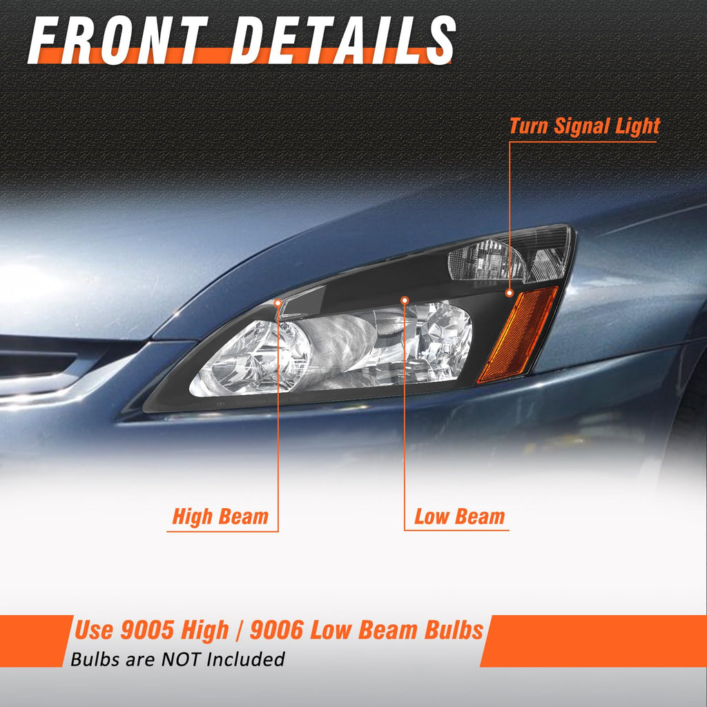 2003-2007 Honda Accord Black Headlights Assembly Pair T90391