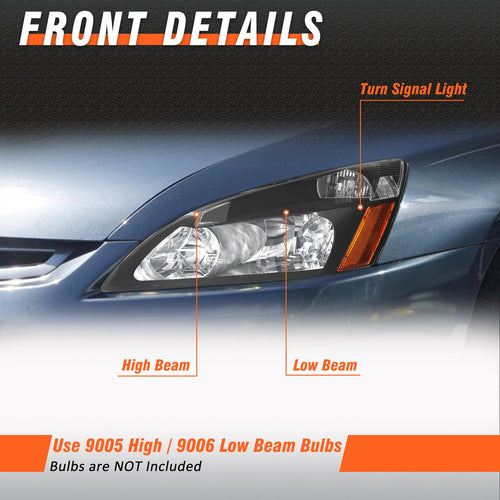 2003-2007 Honda Accord Black Headlights Assembly Pair T90391