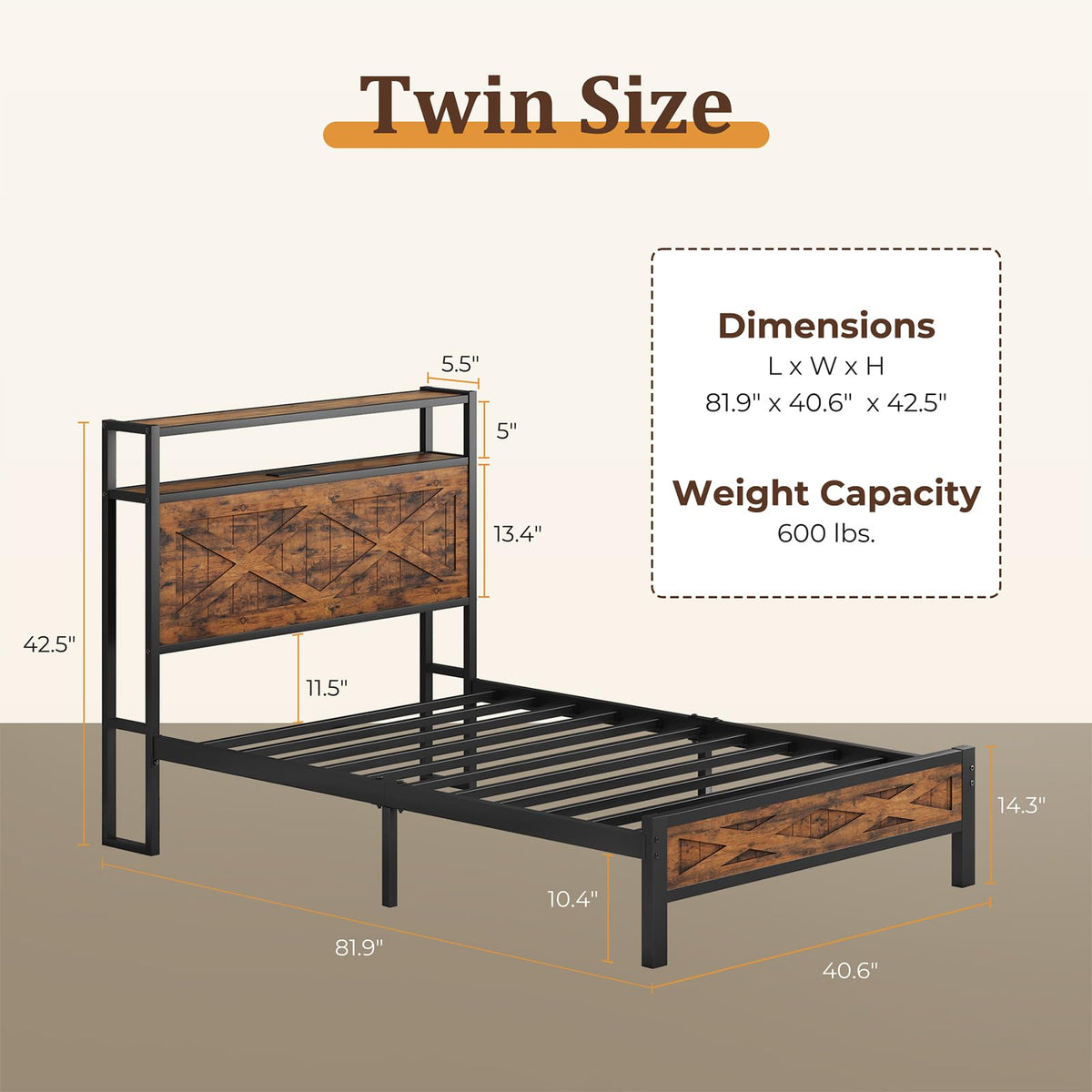 Twin Metal Bed Frame with Storage Headboard E190