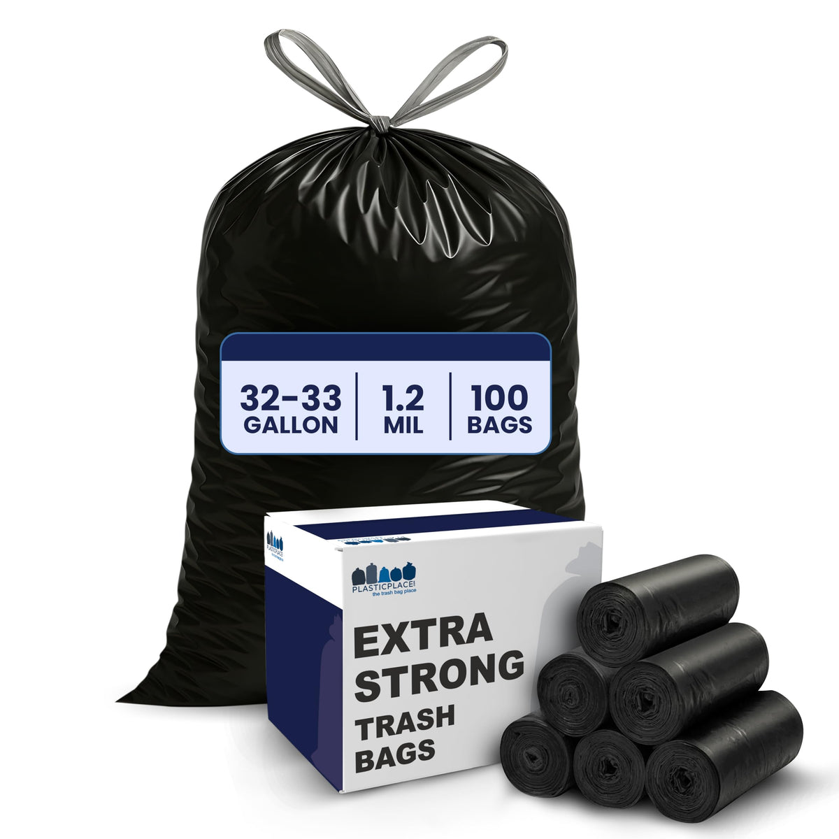 32-33 Gallon 1.2 Mil Black Drawstring Trash Bags, 100 Count L47204