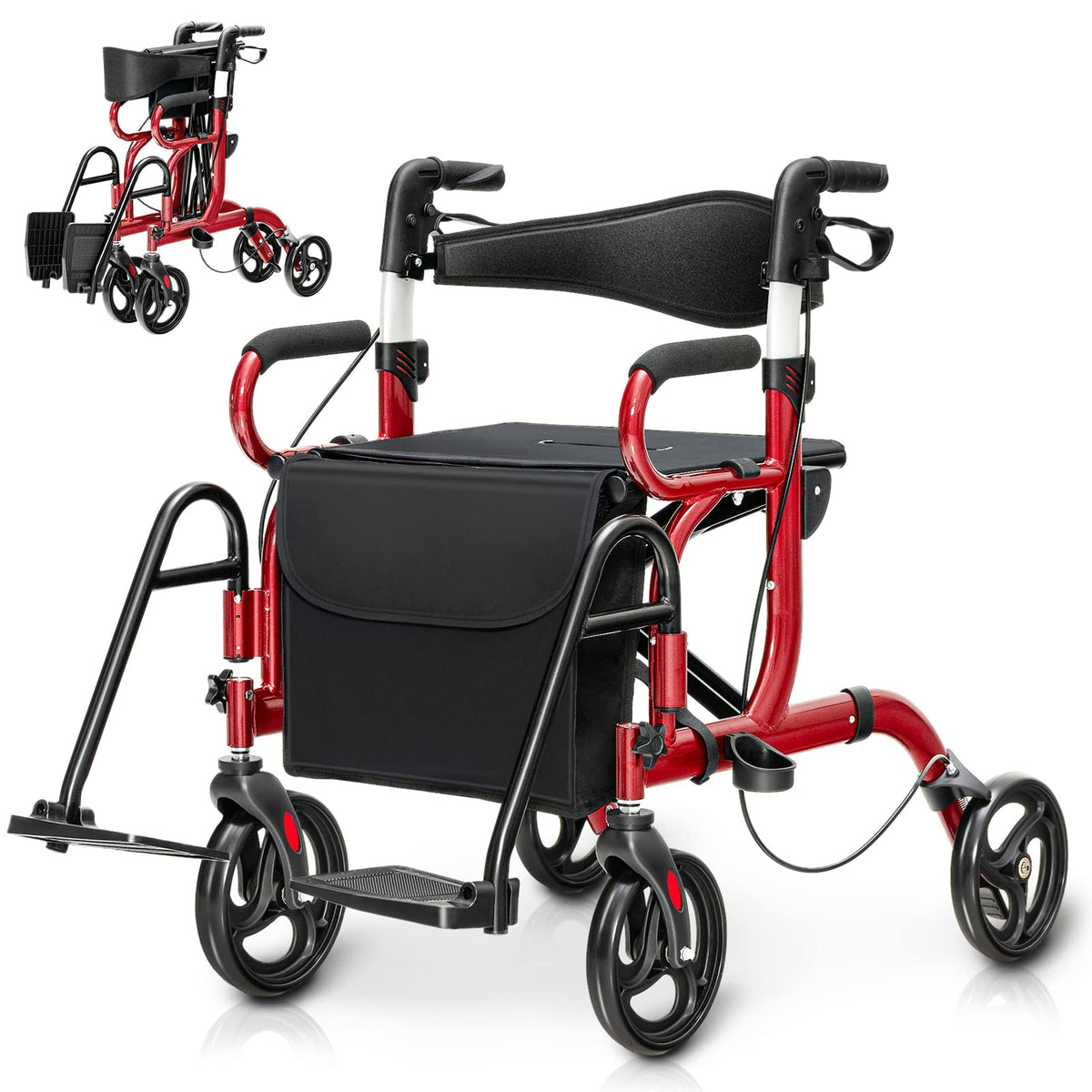 2-in-1 Folding Rollator Walker with Seat, Red S4669