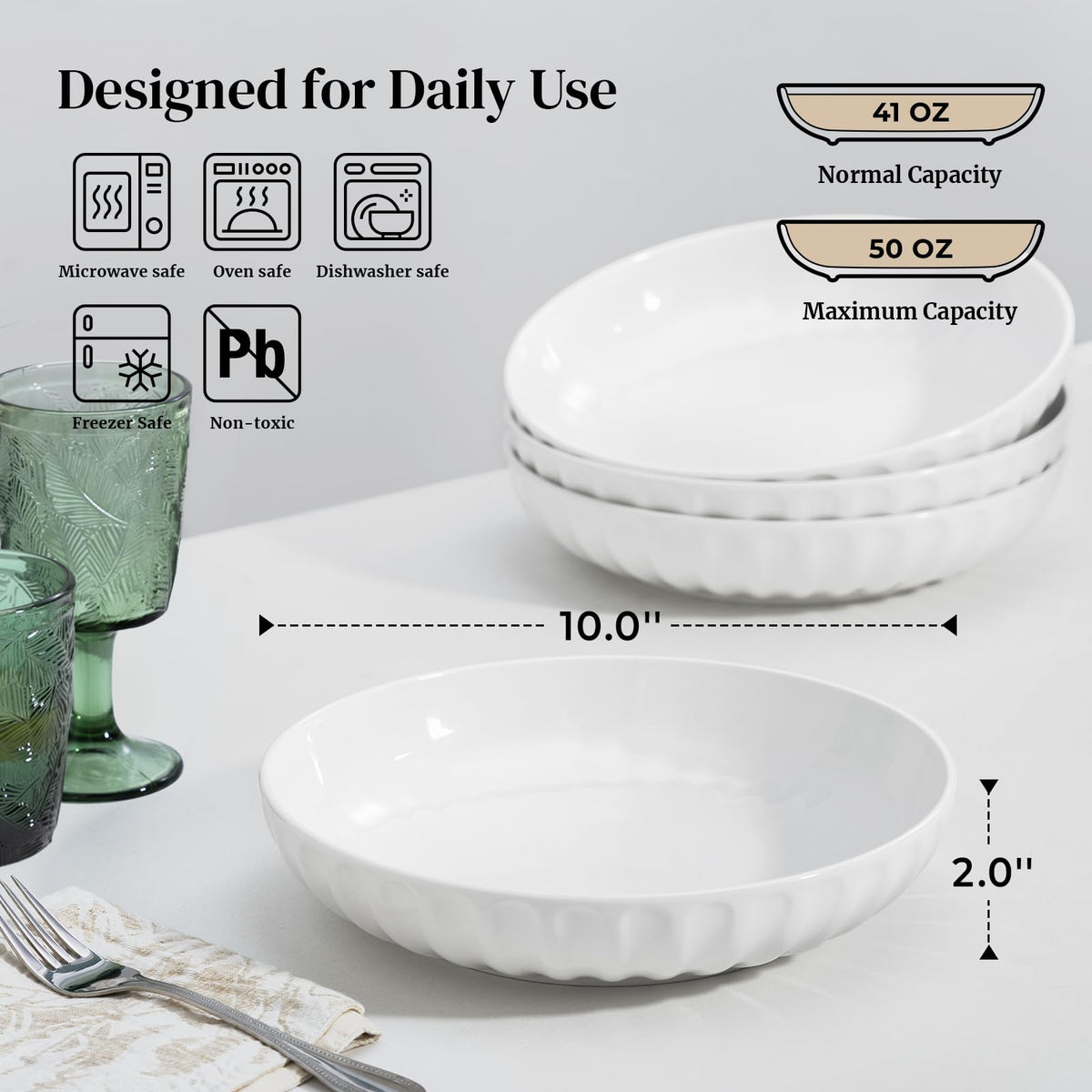 10" White Ceramic Pasta Bowls Set of 4 P923