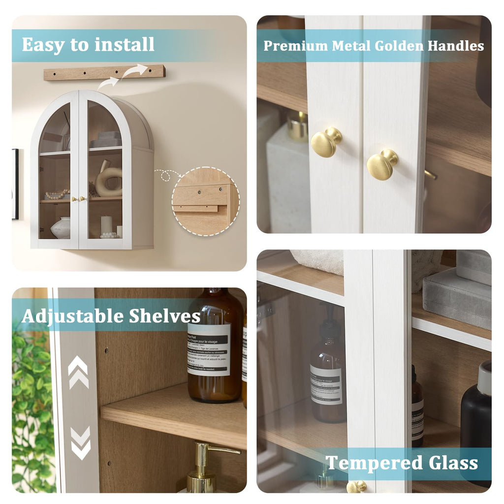 White Arched Wall Mount Bathroom Cabinet with Glass Doors P338