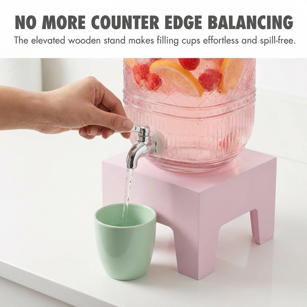 Pink Glass Beverage Dispenser with Wooden Stand, 1 Gallon D89569