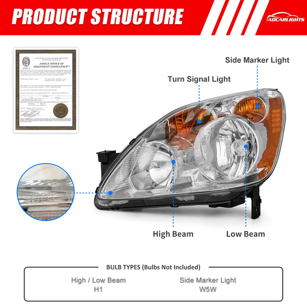 Headlight Chrome Housing Amber Reflector Replacement Pair M28165