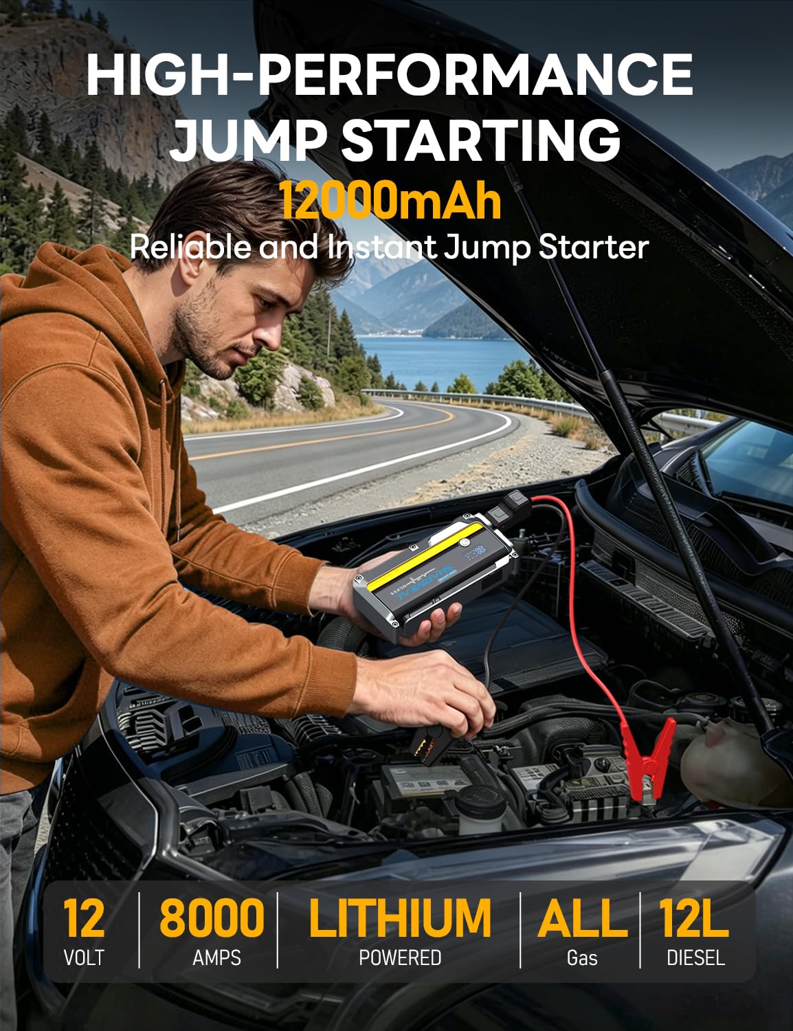 12000mAh 12V Portable Jump Starter with Flashlight and Jumper Cable W794