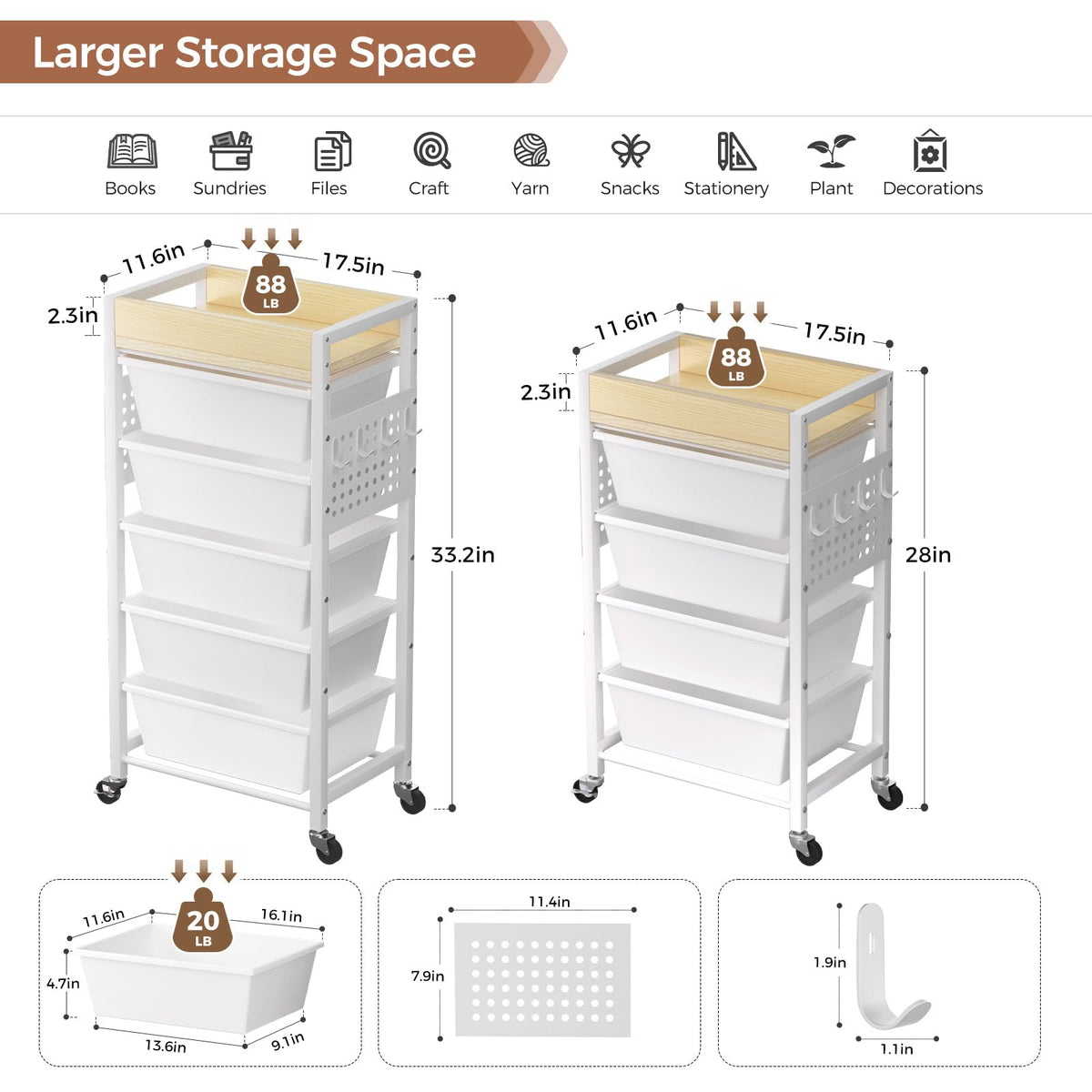 5 Tier Rolling Cart with Drawers, White I617