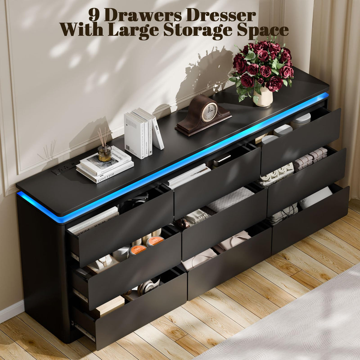 Black 9 Drawer Dresser with LED Lights Z3380