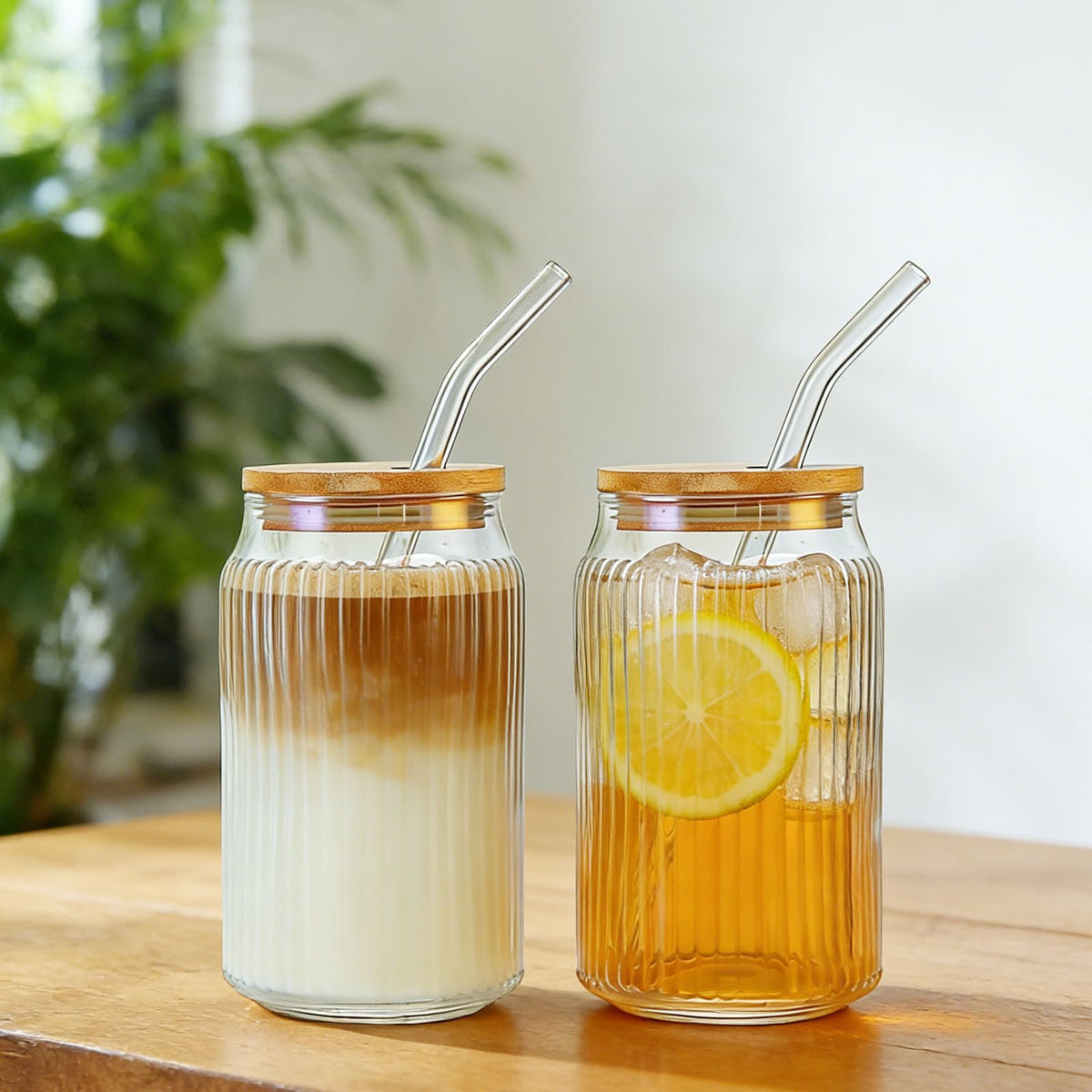 2 PCS 16 OZ Ribbed Glass Tumbler with Lids and Straws H872278