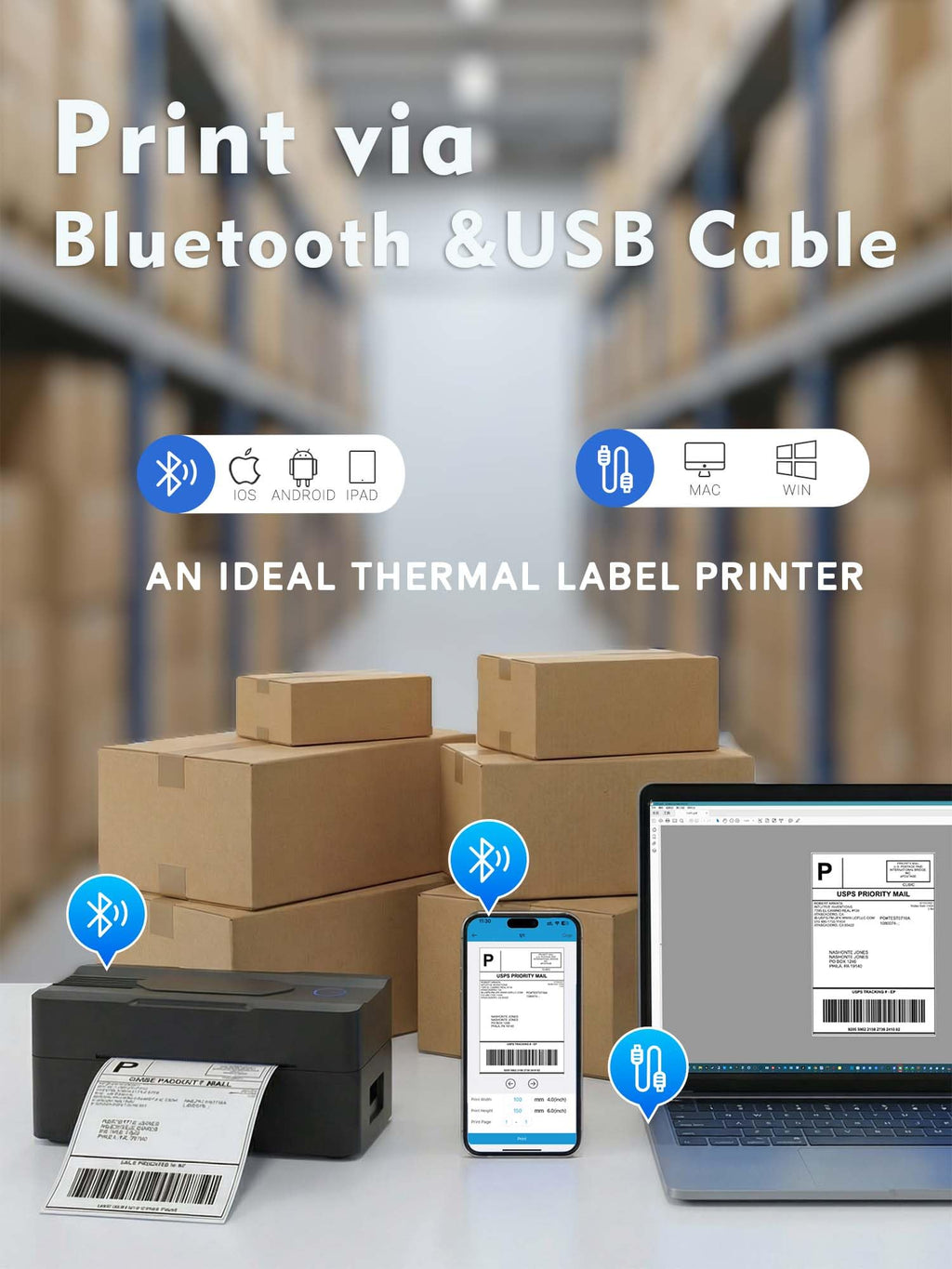 Bluetooth Thermal Shipping Label Printer 4x6 Black N3345
