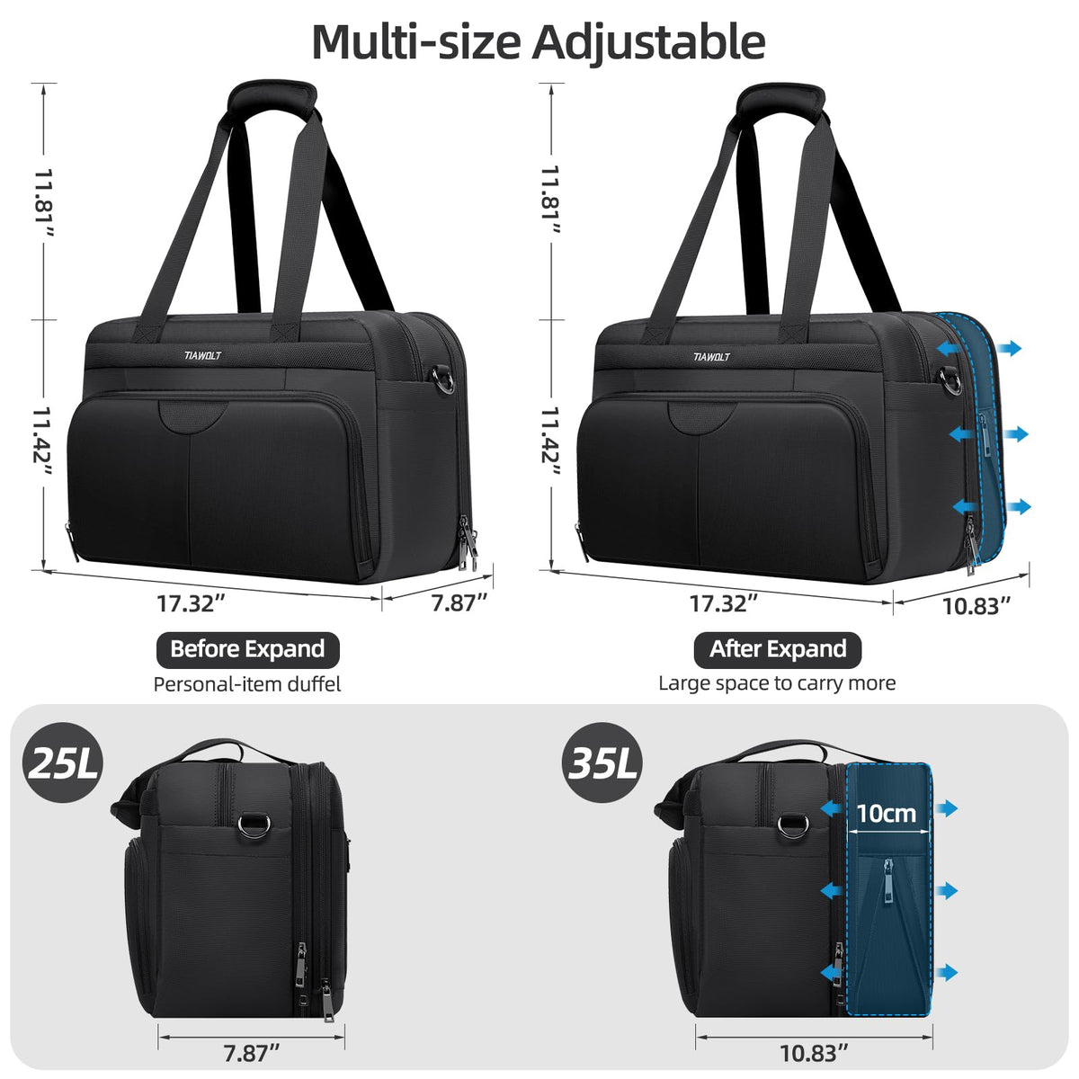 Black Expandable Carry-On Luggage Duffel Bag with Adjustable Strap R303