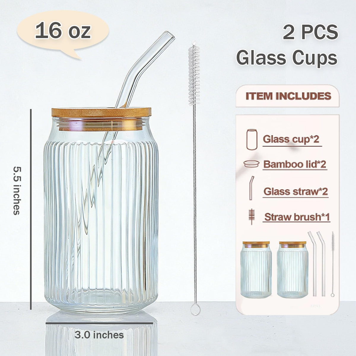 2 PCS 16 OZ Ribbed Glass Tumbler with Lids and Straws H872278