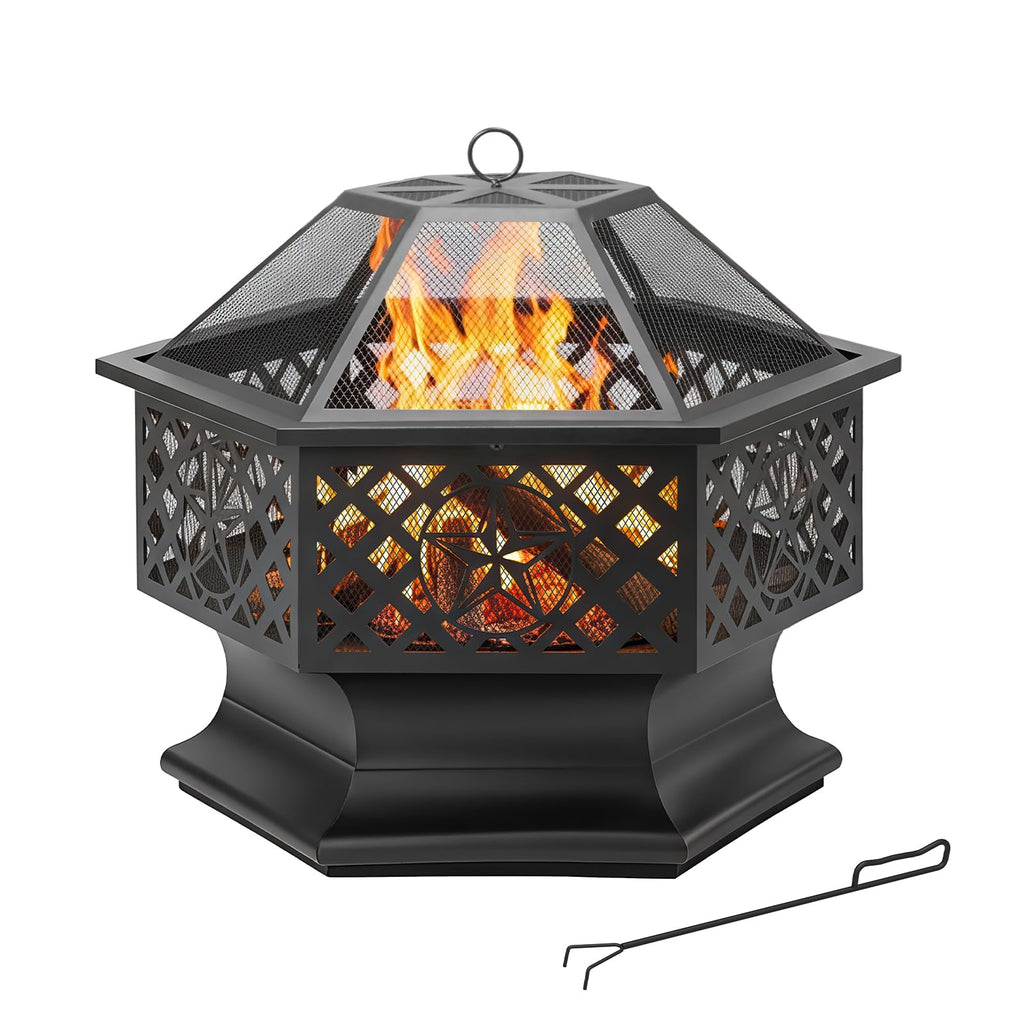 28 Inch Hexagonal Fire Pit with Spark Screen & Fire Poker Black X586