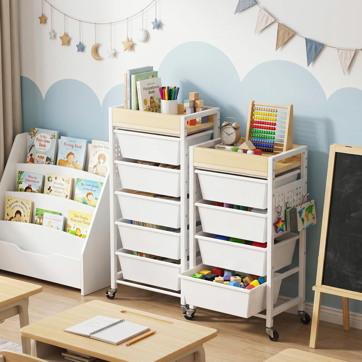 5 Tier Rolling Cart with Drawers, White I617