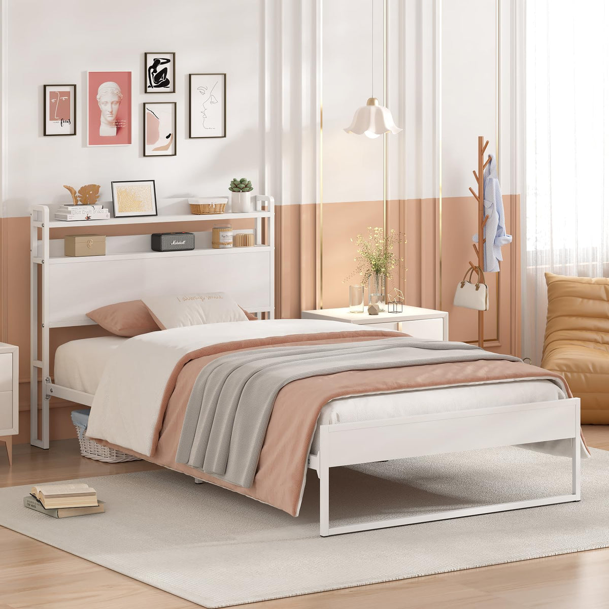 White Metal Twin Bed Frame with 2-Tier Storage Headboard A275900