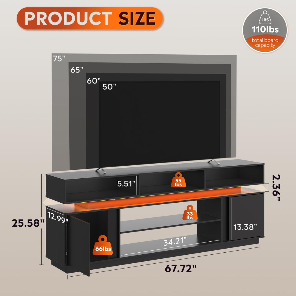 Black 2 Tier TV Stand with RGB LED Lights and Storage Cabinets E7791
