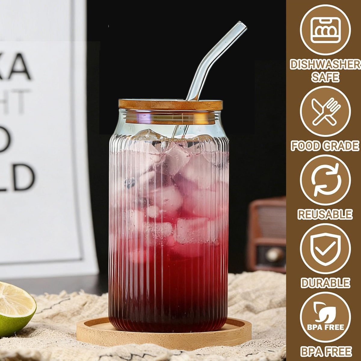 2 PCS 16 OZ Ribbed Glass Tumbler with Lids and Straws H872278