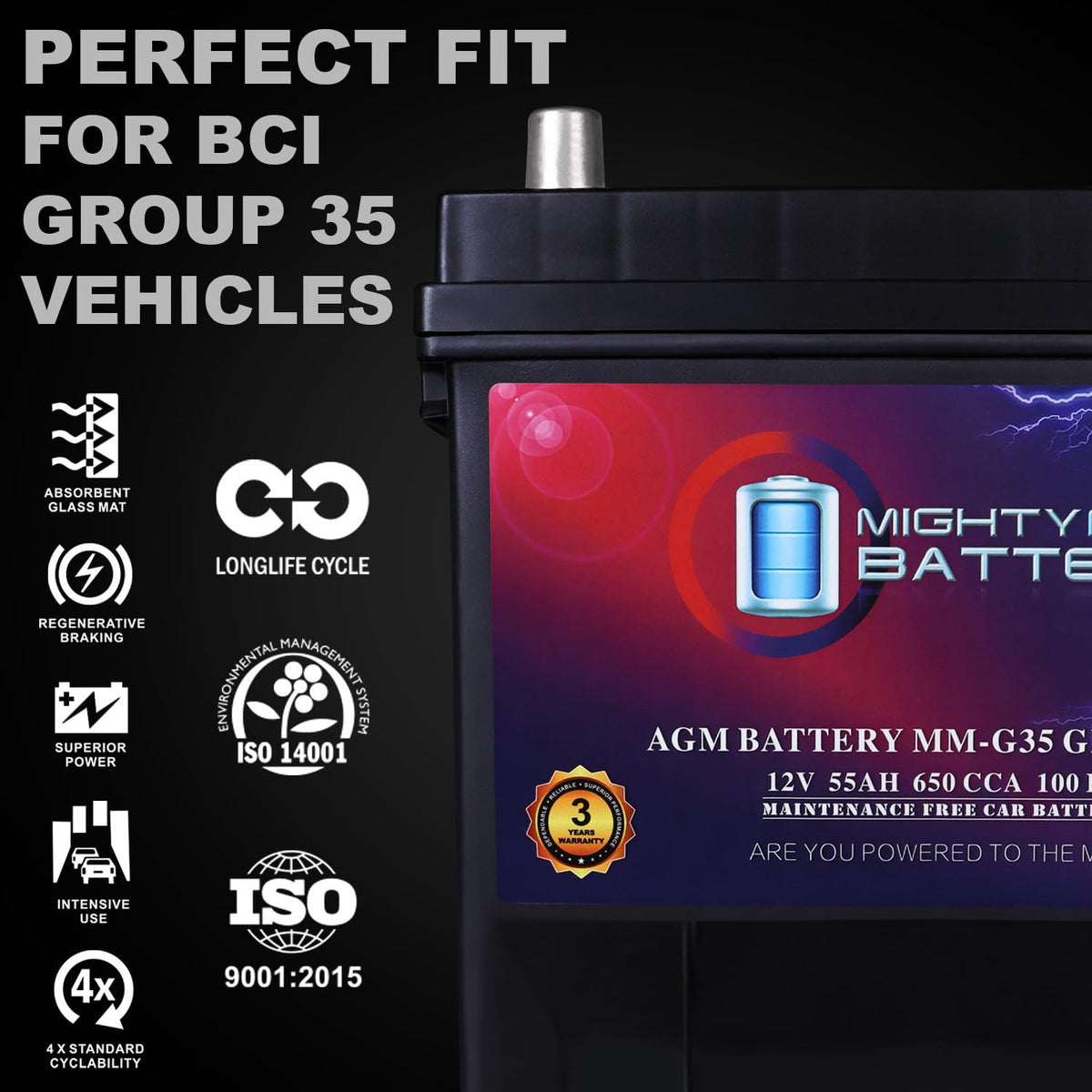 12V 55Ah AGM 650 CCA Replacement Battery S6285