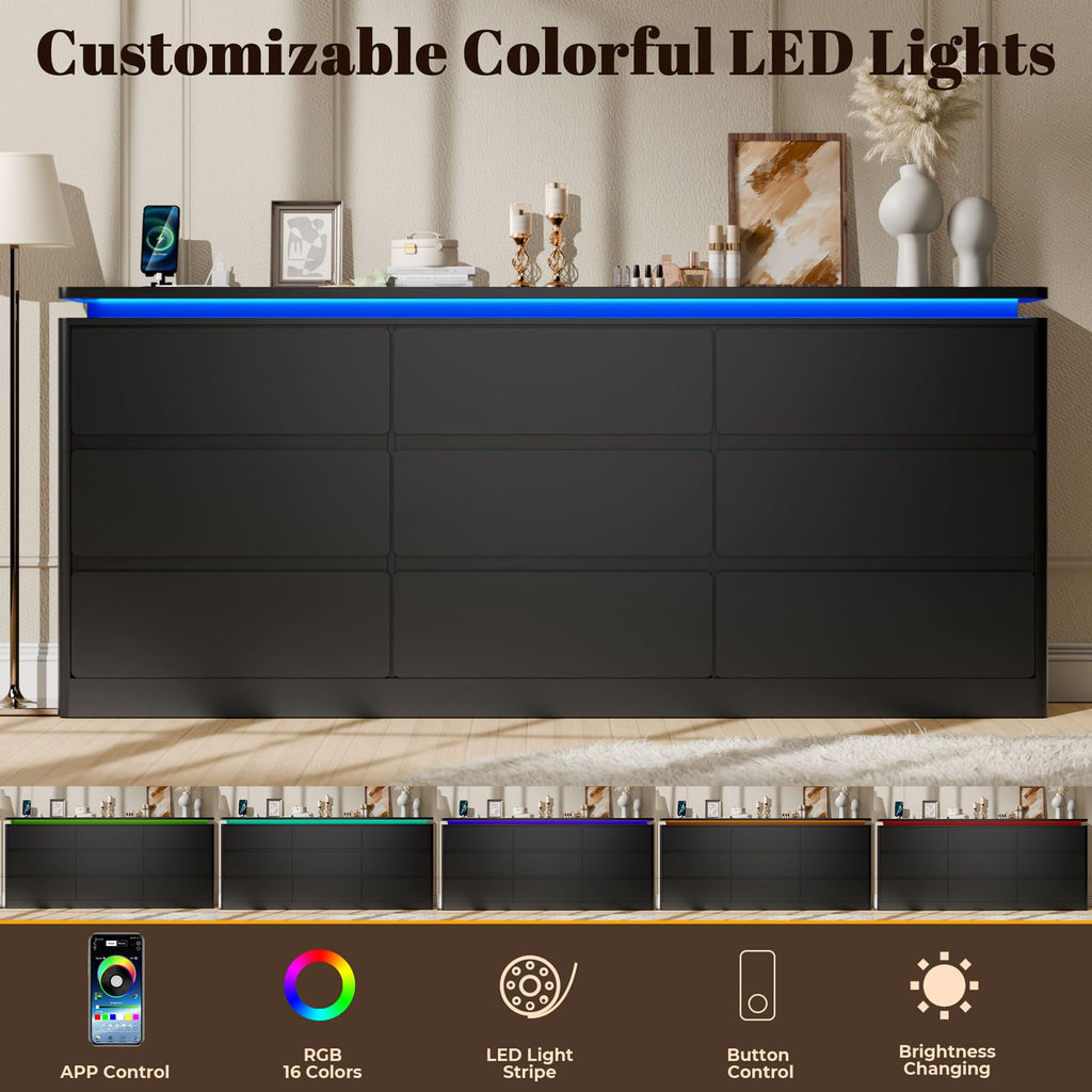 Black 9 Drawer Dresser with LED Lights Z3380