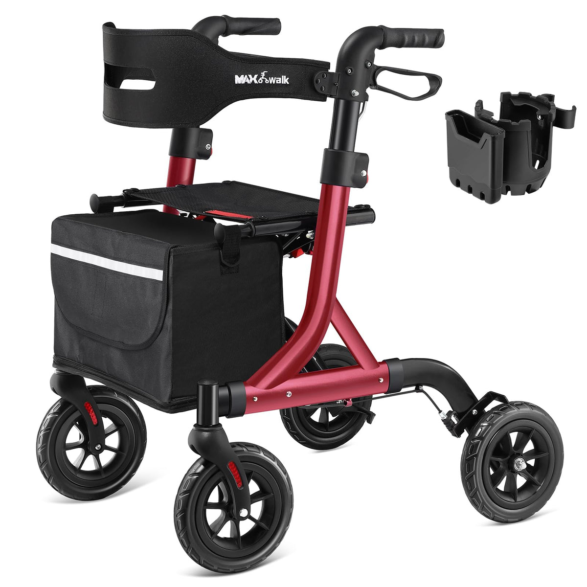 Red Foldable Rollator Walker with Seat, 8" Rubber Wheels and Backrest L571207