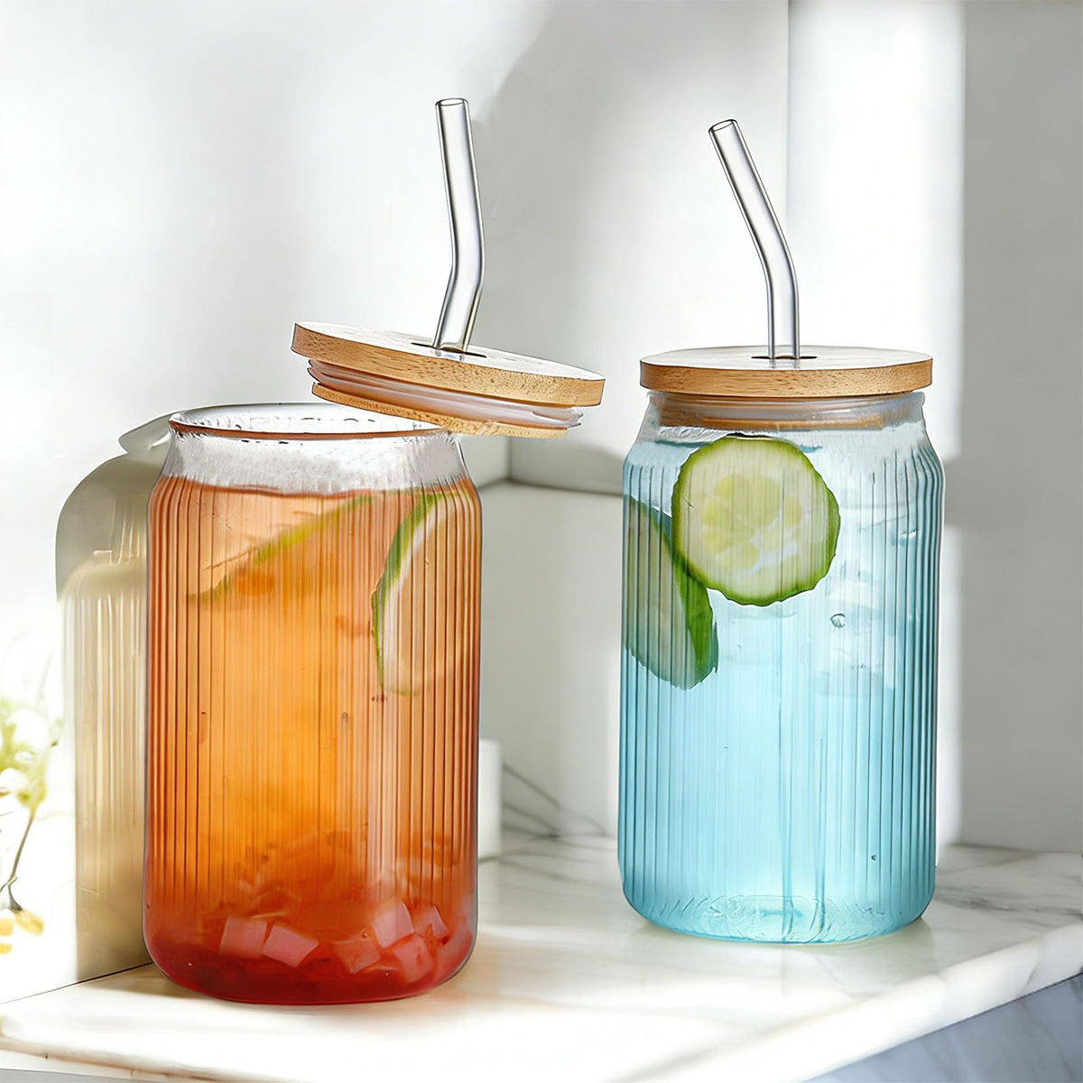 2 PCS 16 OZ Ribbed Glass Tumbler with Lids and Straws H872278