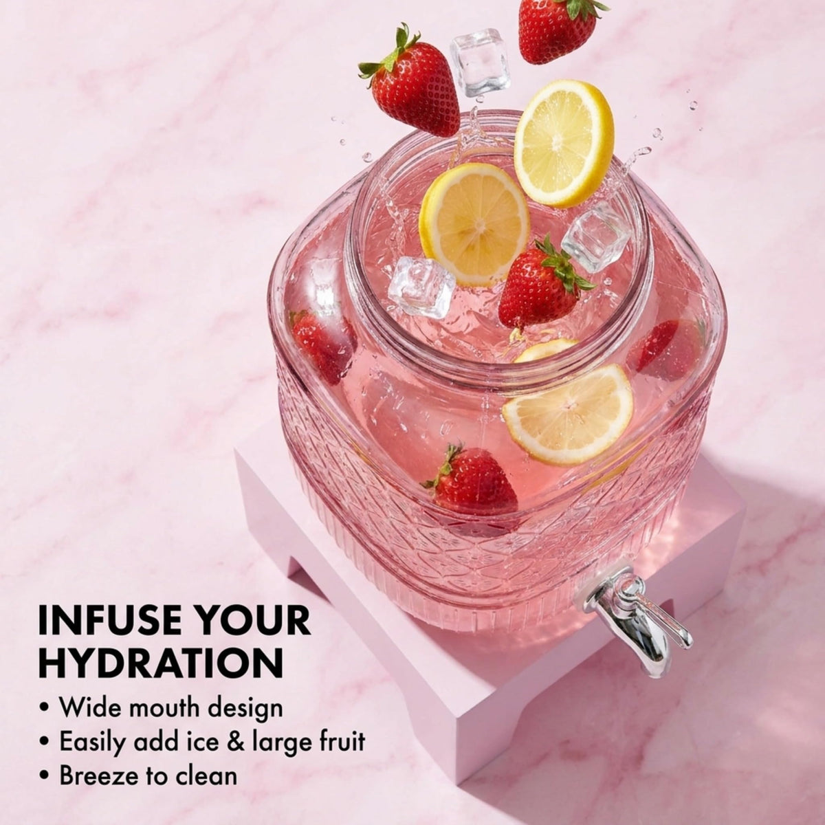 Pink Glass Beverage Dispenser with Wooden Stand, 1 Gallon D89569