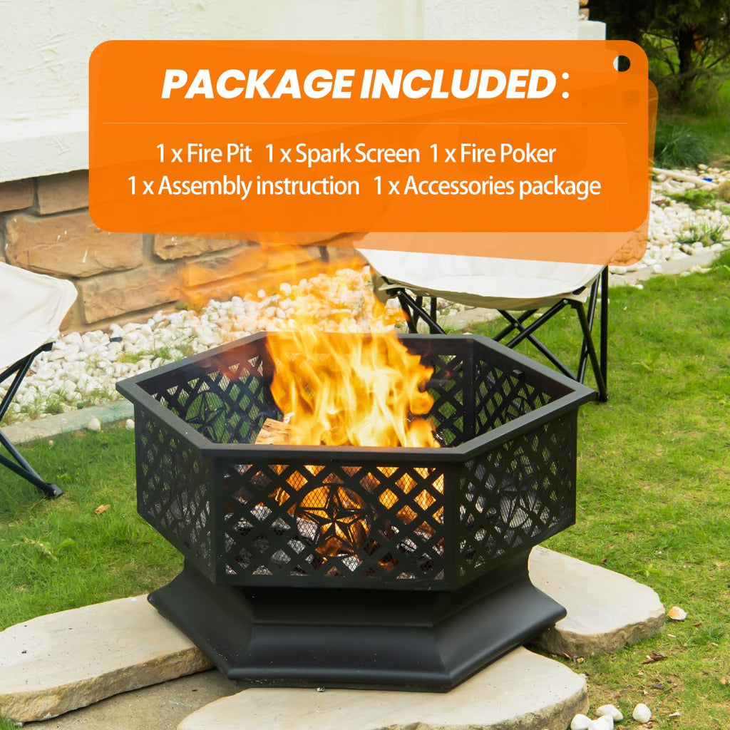 28 Inch Hexagonal Fire Pit with Spark Screen & Fire Poker Black X586
