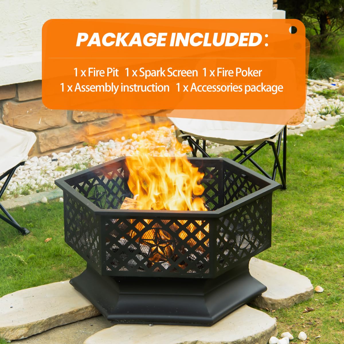 28 Inch Hexagonal Fire Pit with Spark Screen & Fire Poker Black X586