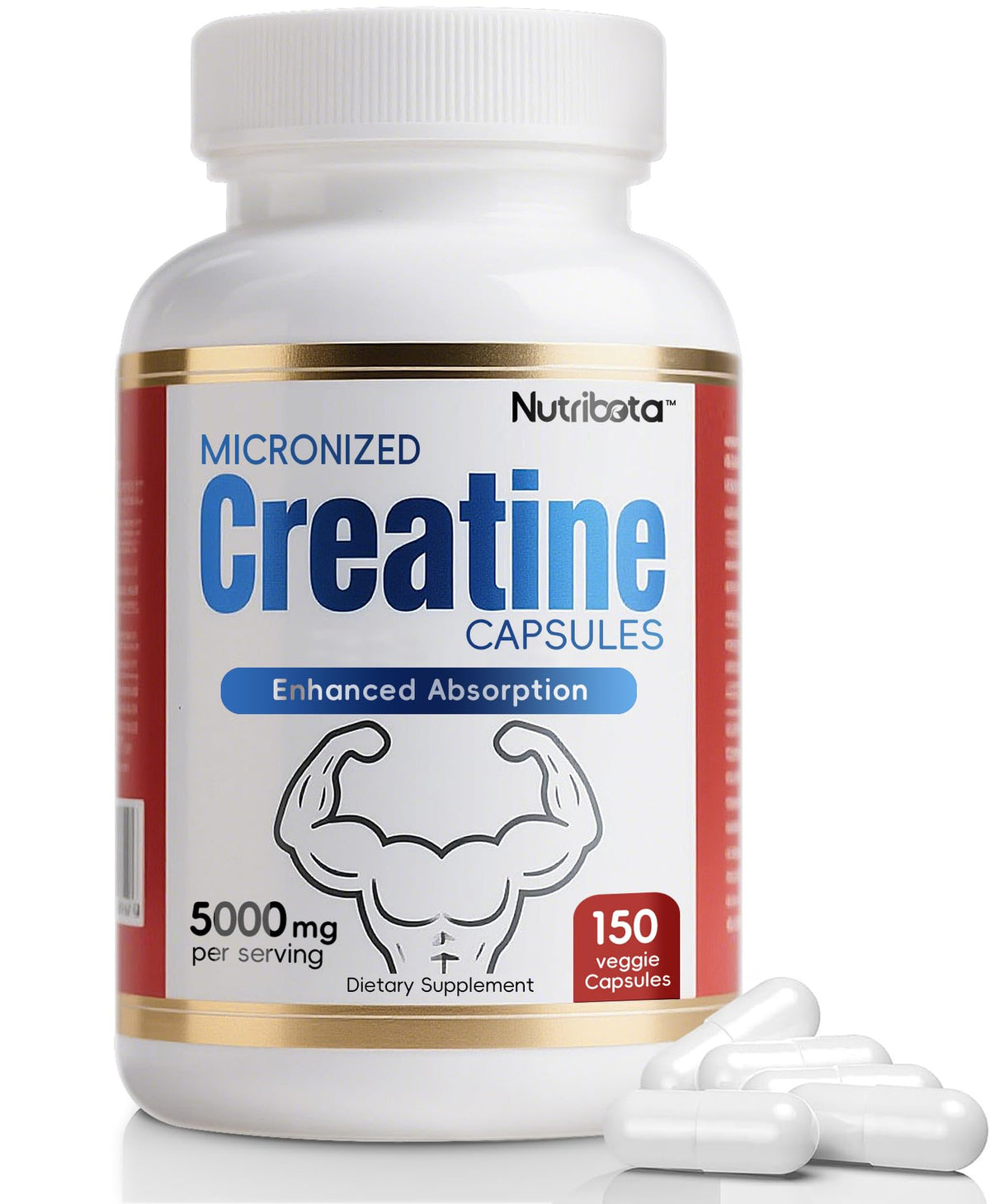 5000mg Micronized Creatine Monohydrate Capsules with Vitamin B12, Vegan, Gluten Free, 150 Count H7441