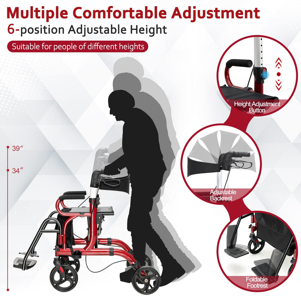 2-in-1 Folding Rollator Walker with Seat, Red S4669