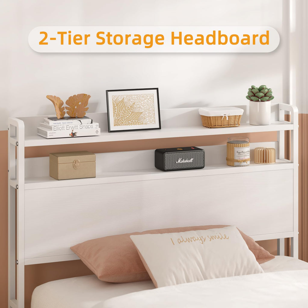 White Metal Twin Bed Frame with 2-Tier Storage Headboard A275900
