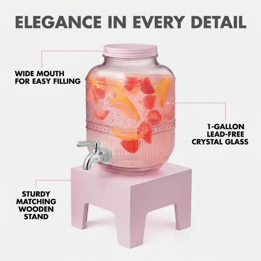 Pink Glass Beverage Dispenser with Wooden Stand, 1 Gallon D89569