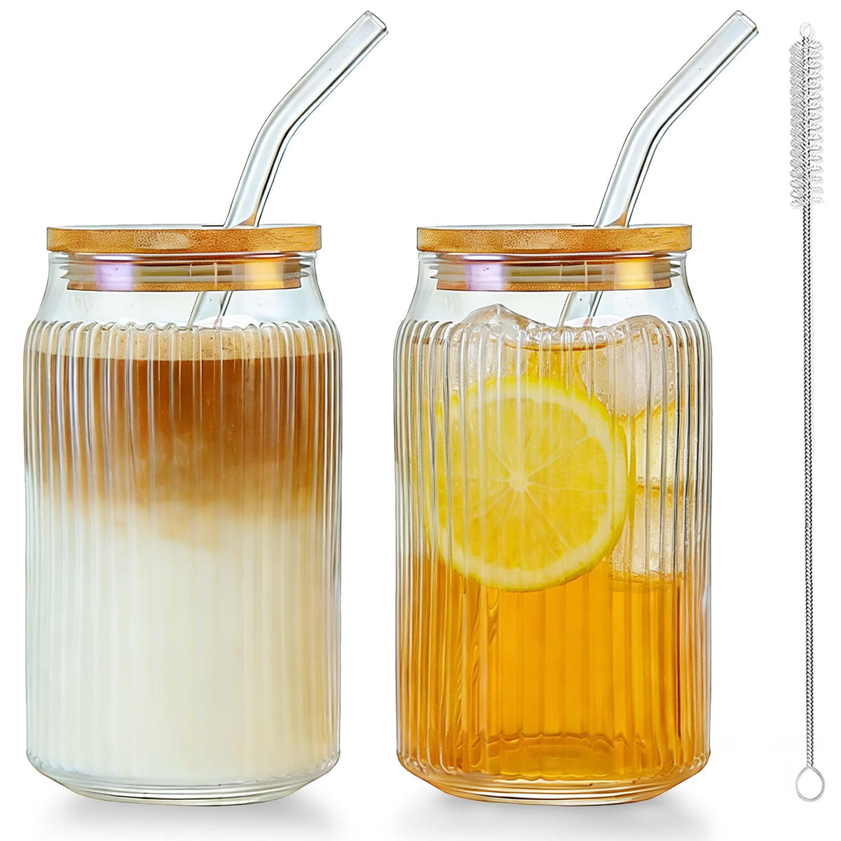 2 PCS 16 OZ Ribbed Glass Tumbler with Lids and Straws H872278