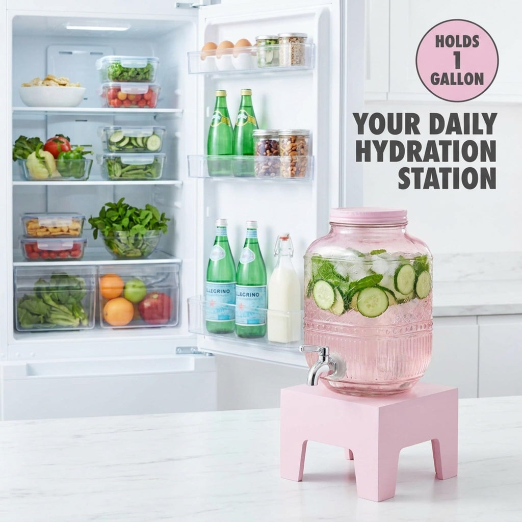 Pink Glass Beverage Dispenser with Wooden Stand, 1 Gallon D89569