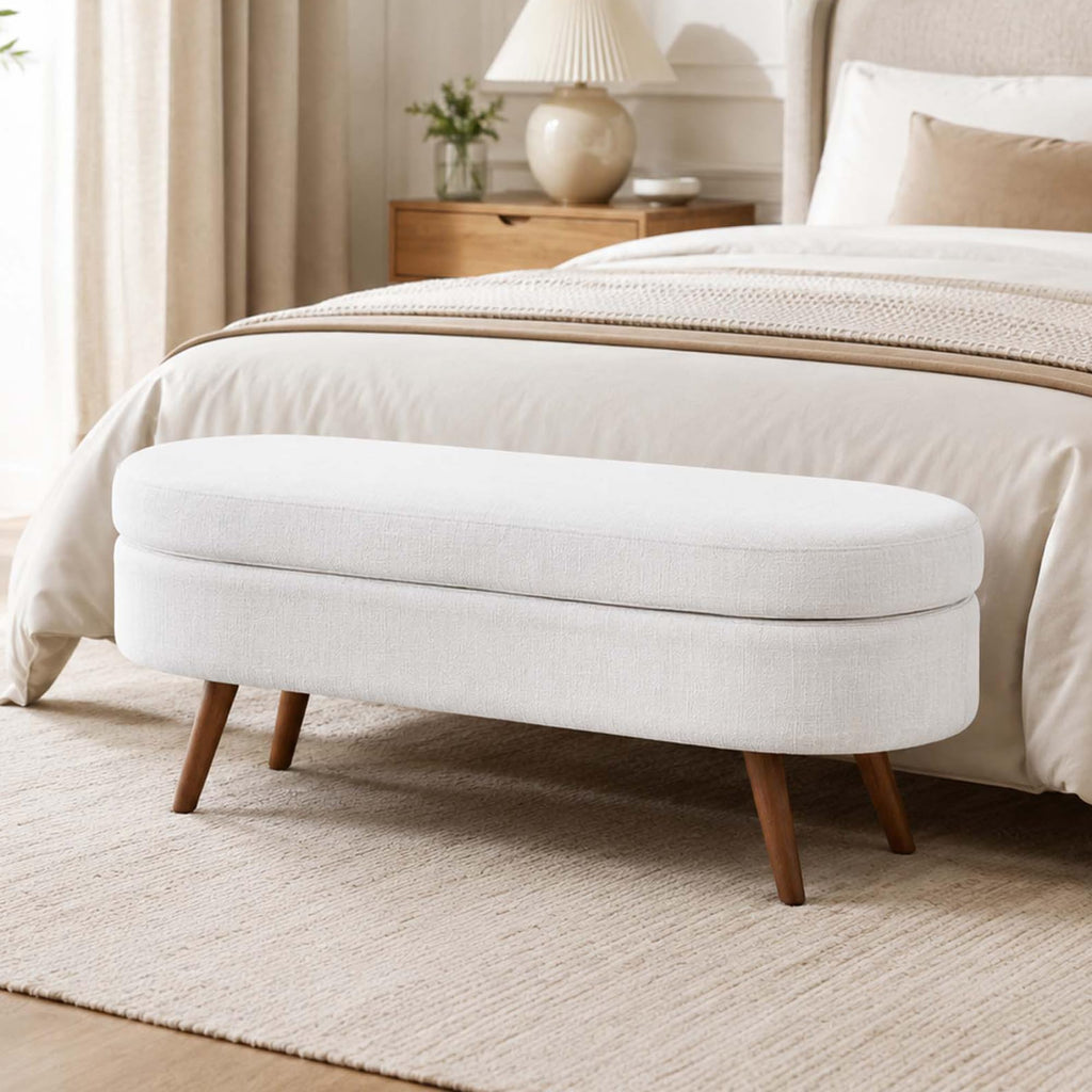White Oval Storage Ottoman Bench with Rubber Wood Legs M1154